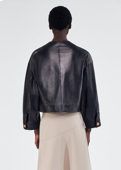 on figure back image of the Adam Lippes Nessy Jacket in Leather Black