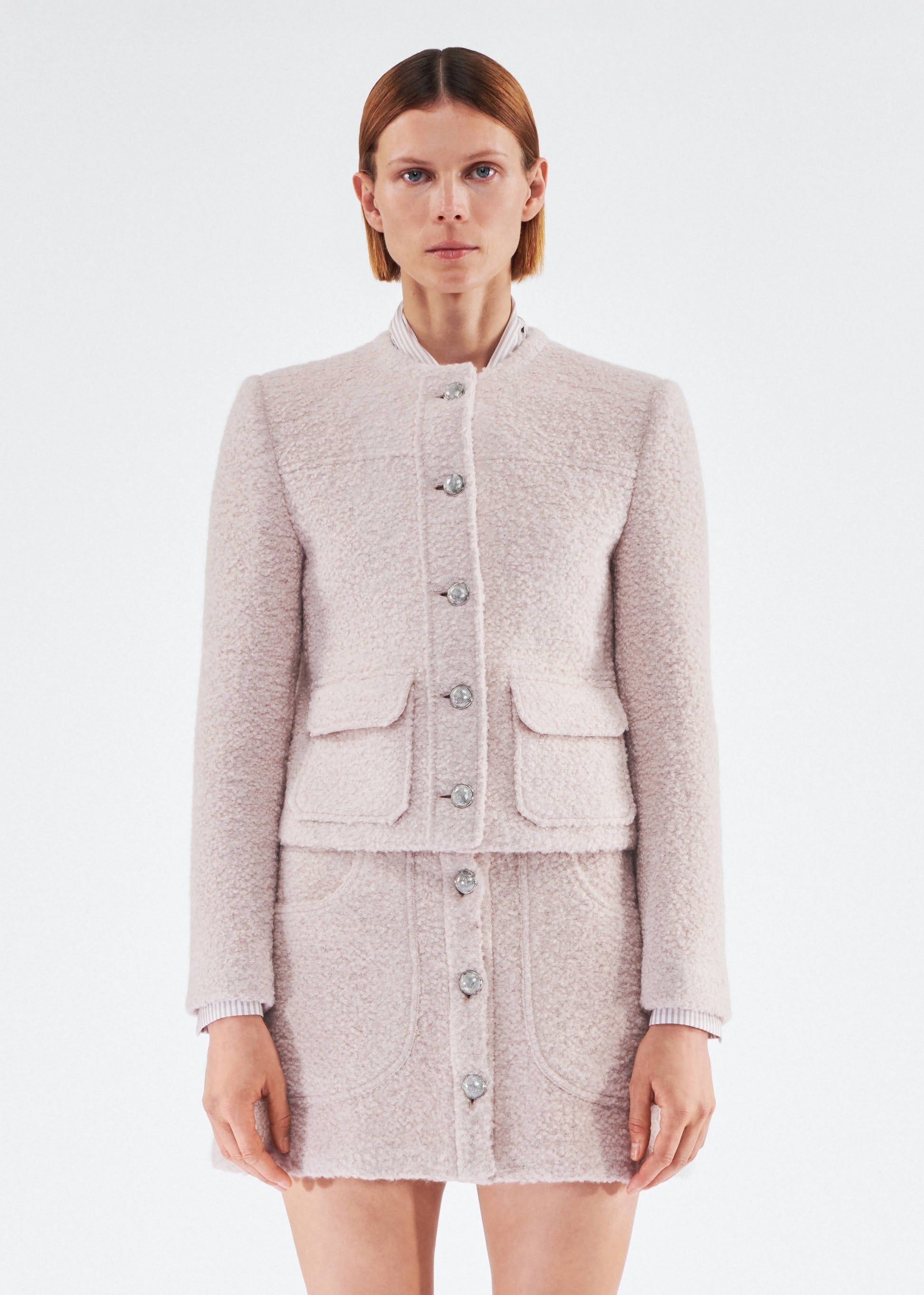 Front of model wearing the Lana Jacket in Brushed Boucle in Blush