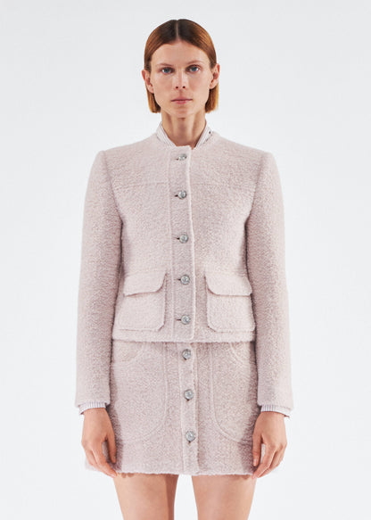 Front of model wearing the Lana Jacket in Brushed Boucle in Blush