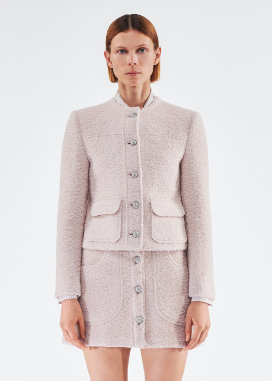 Front of model wearing the Lana Jacket in Brushed Boucle in Blush