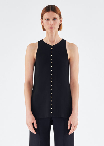 Front of model wearing the Nazra Tunic in Light Wool Crepe Black