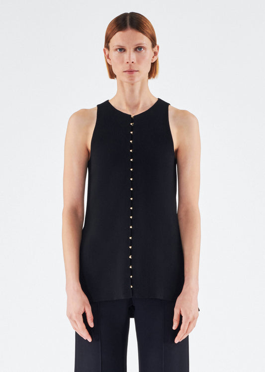 Front of model wearing the Nazra Tunic in Light Wool Crepe Black
