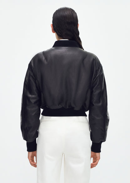 back of model wearing the Bomber Jacket in Black Leather